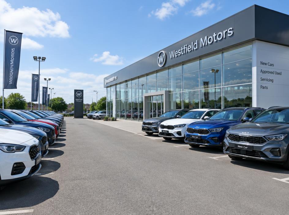 Cars lined up on a dealership forecourt