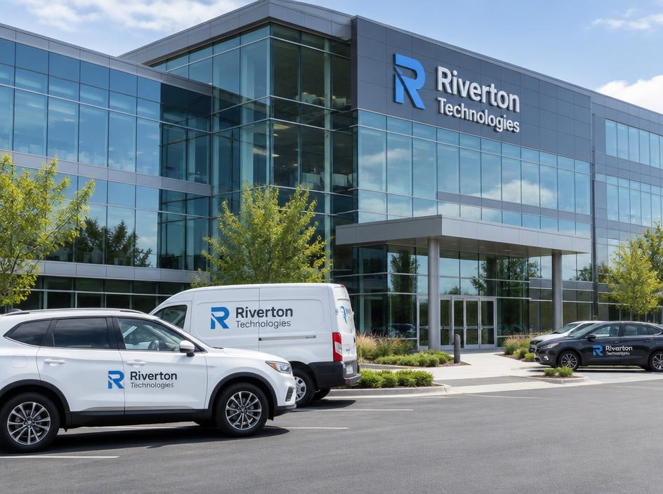 Corporate office with company vehicles