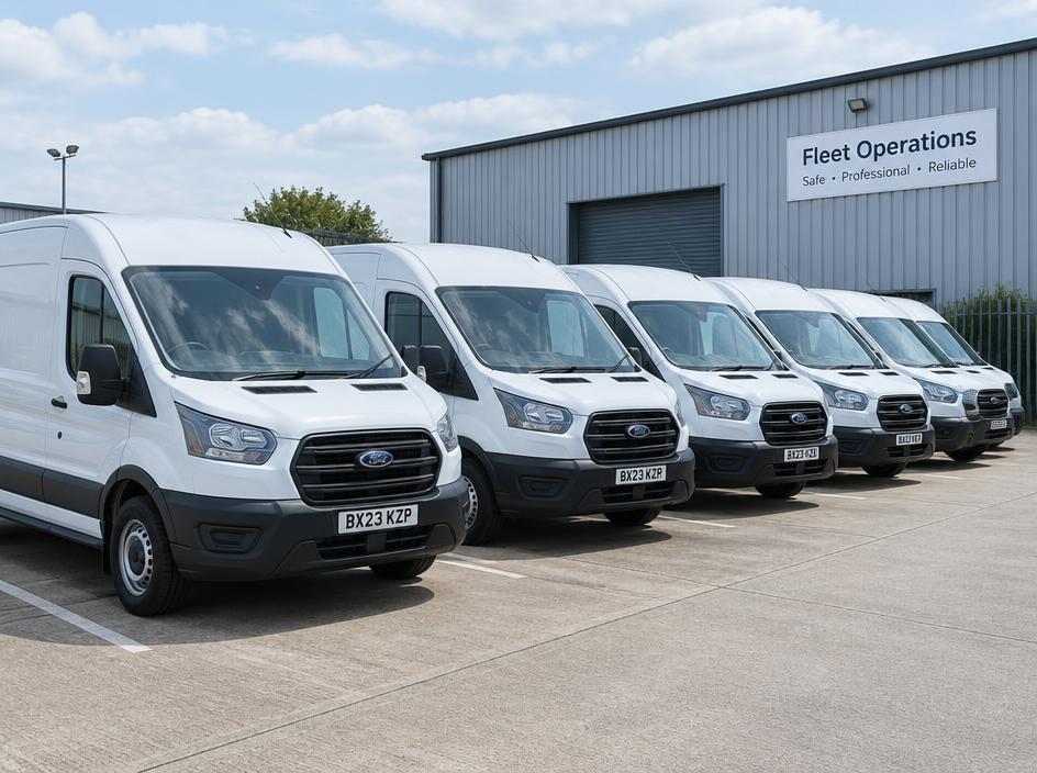 Row of white fleet vans at a depot